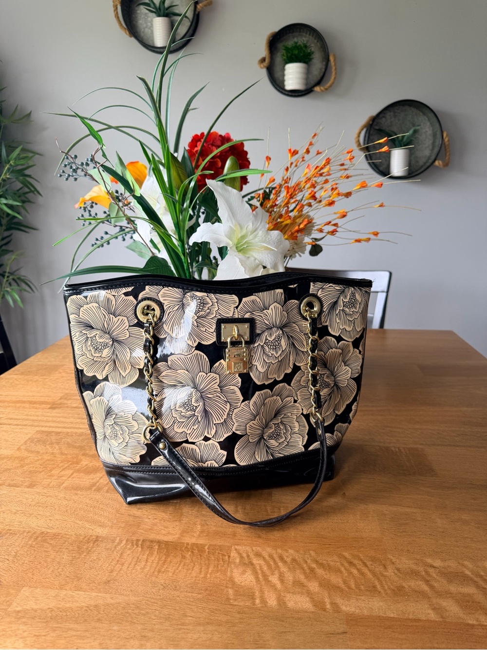 Anne Klein Black Tote with Beige Floral Print and Gold Accents